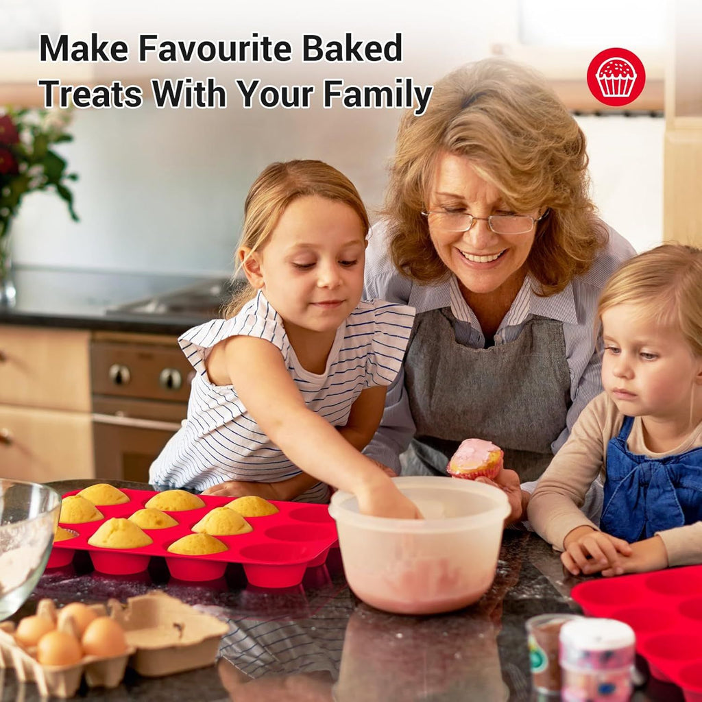2-Pack 12-Cup Silicone Muffin Pans for Baking Cupcakes, Mini Cakes, and Snacks—Flexible Design with Rounded Cups, Oven-Safe Construction, and Easy Handling—Ideal for Home Bakers and Family Cooking Sessions (Red)