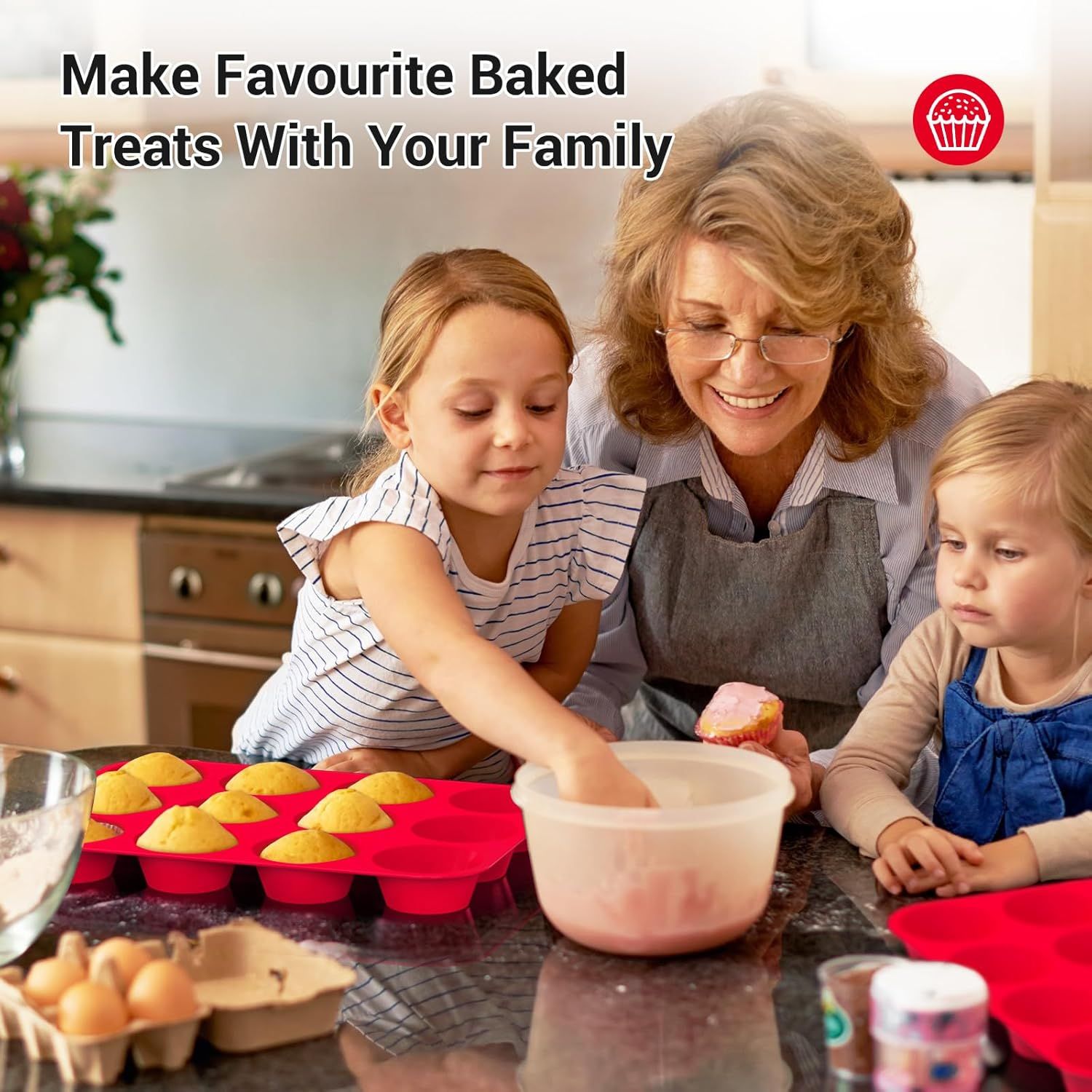 2-Pack 12-Cup Silicone Muffin Pans for Baking Cupcakes, Mini Cakes, and Snacks—Flexible Design with Rounded Cups, Oven-Safe Construction, and Easy Handling—Ideal for Home Bakers and Family Cooking Sessions (Red)