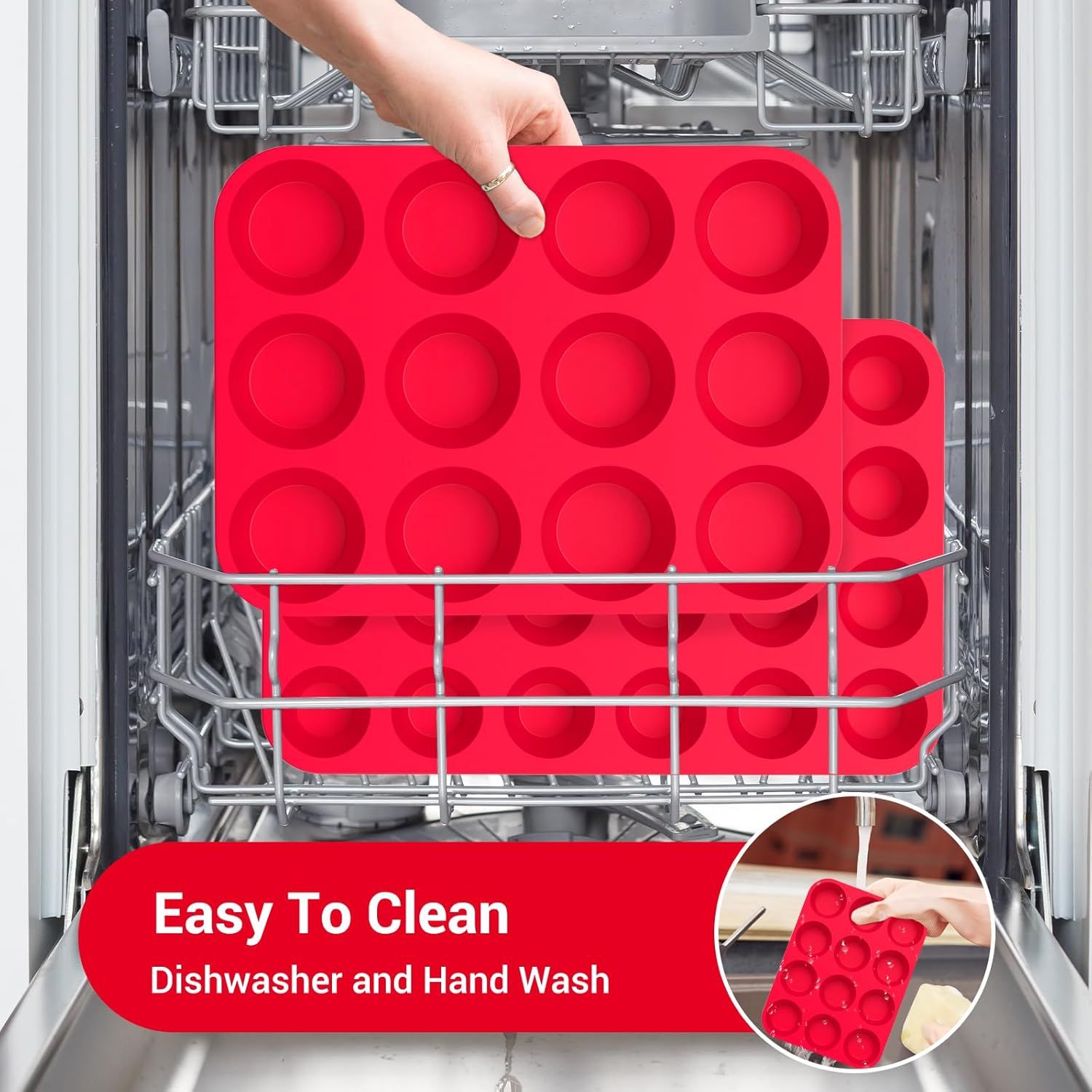 2-Pack 12-Cup Silicone Muffin Pans for Baking Cupcakes, Mini Cakes, and Snacks—Flexible Design with Rounded Cups, Oven-Safe Construction, and Easy Handling—Ideal for Home Bakers and Family Cooking Sessions (Red)