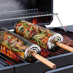 Rolling Grill Basket Set with Removable Wooden Handle (Grey)