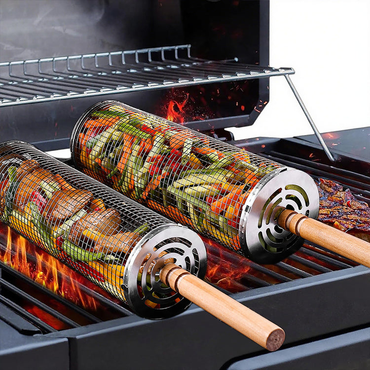 Rolling Grill Basket Set with Removable Wooden Handle (Grey) - Flavour Fushion Cooking Shop