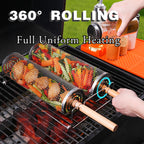 Rolling Grill Basket Set with Removable Wooden Handle (Grey)