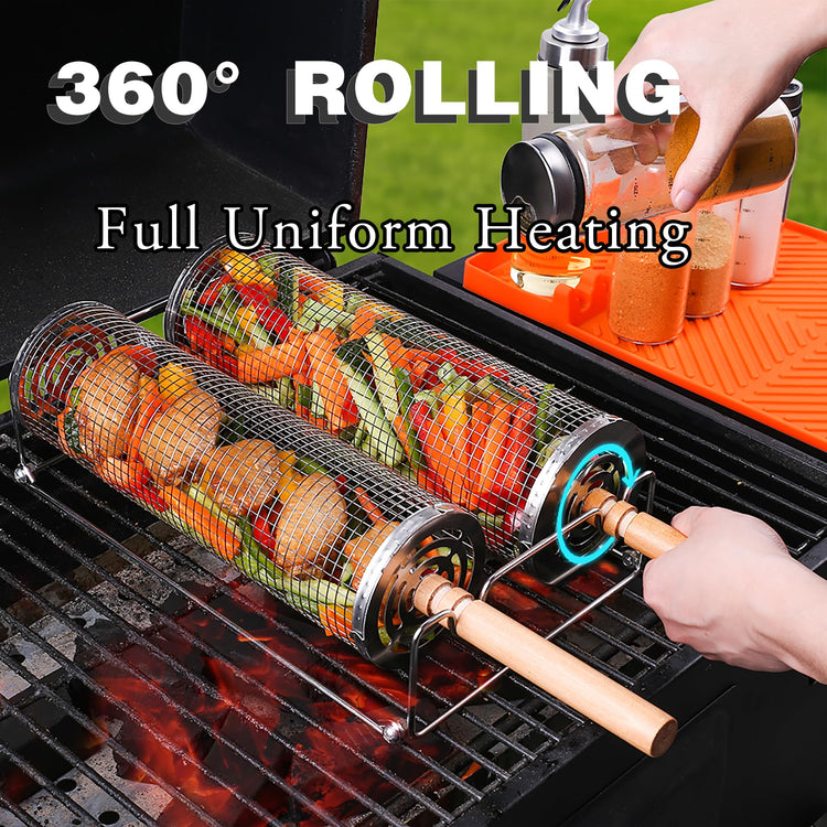 Rolling Grill Basket Set with Removable Wooden Handle (Grey) - Flavour Fushion Cooking Shop