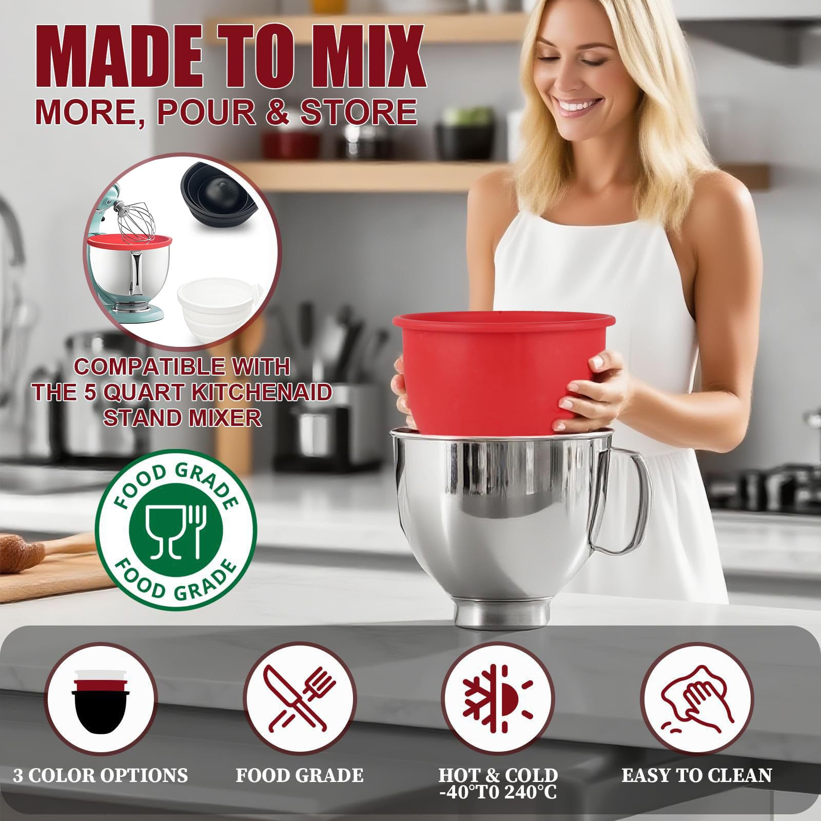 Silicone Bowl Liner for 4.5–5-Quart Stand Mixer – Food-Grade, Collapsible, Non-Stick Replacement Inner Bowl with Lid, Dishwasher Safe, Oven & Fridge Ready (Red)
