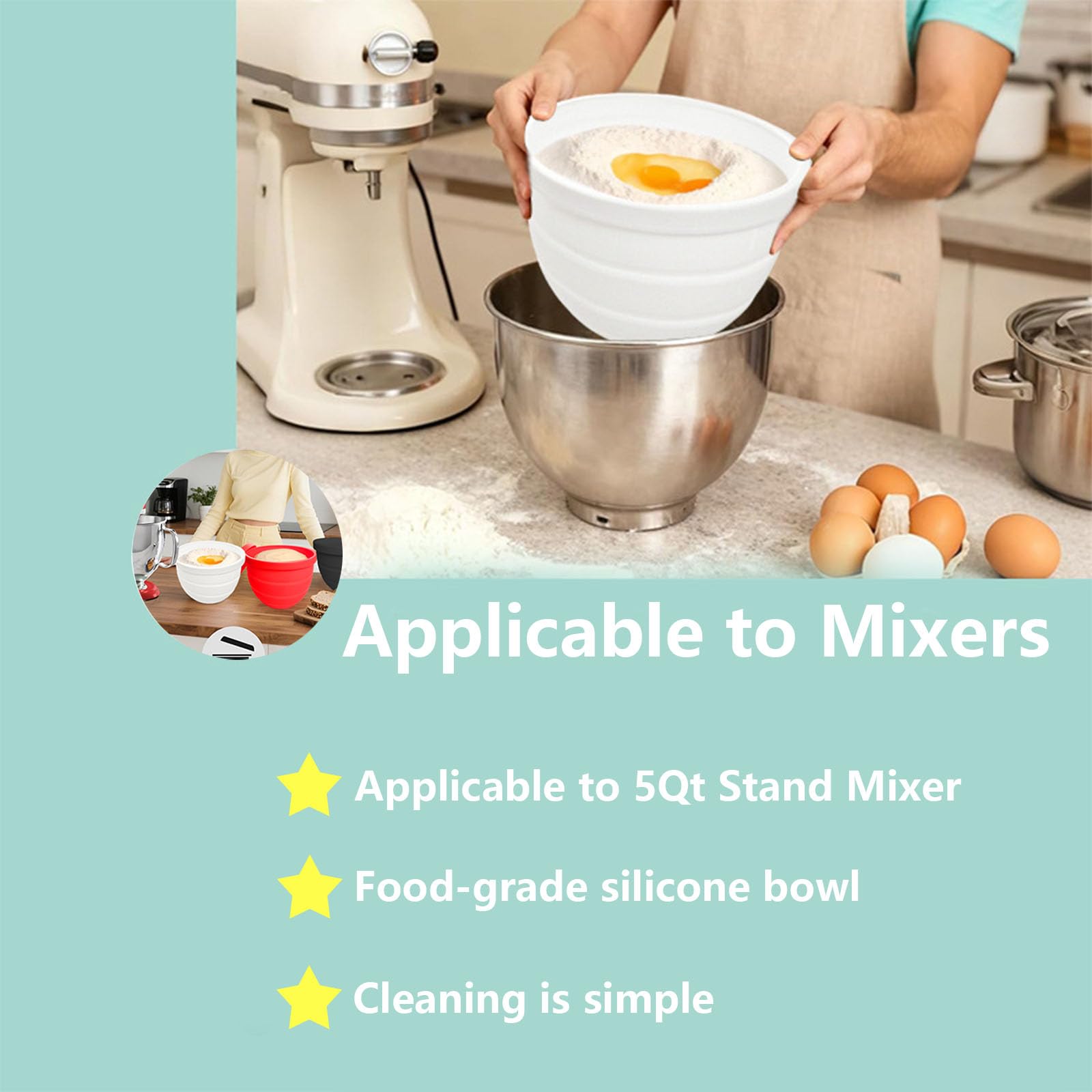 Silicone Bowl Liner for 4.5–5-Quart Stand Mixer – Food-Grade, Collapsible, Non-Stick Replacement Inner Bowl with Lid, Dishwasher Safe, Oven & Fridge Ready (3Pcs)