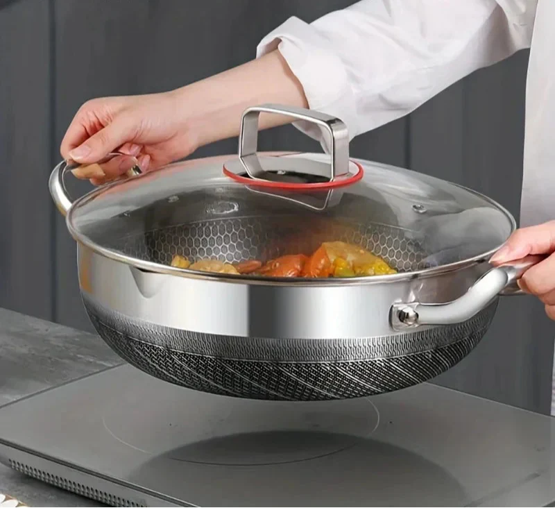 30cm Stainless Steel Non-Stick Frying Pan with Glass Lid Silver - Flavour Fushion Cooking Shop