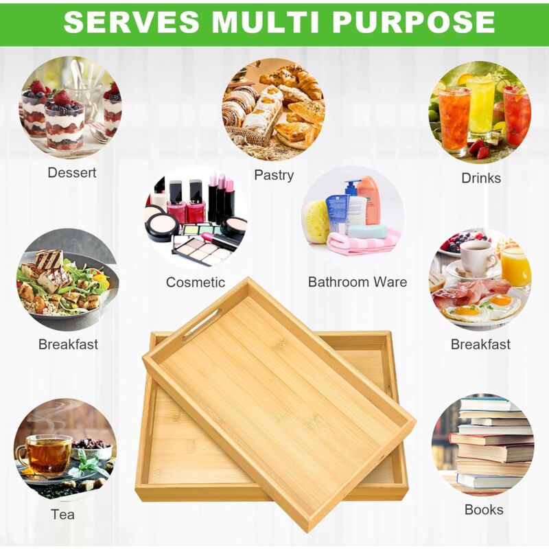 2 pcs Bamboo Serving Trays, Wooden Tray, Rectangular Serving Tray With Handles, Breakfast Tray Serving Tray For