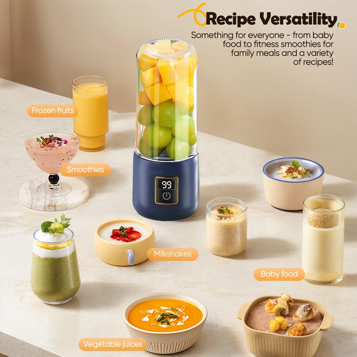 Portable Blender - Mini Blender - 12 Blades - Portable - On-the-Go Blender Perfect for Smoothies, Juices, and Baby Food - Dark Blue - Flavour Fushion Cooking Shop