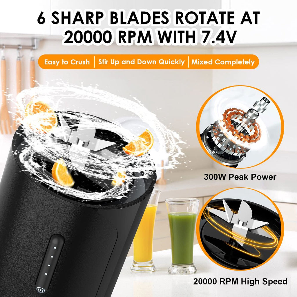 Portable Blender - Blender - Mini Blender - On-the-Go Blender - Mini Juicer - Smoothie Maker - 450 ml - For milkshakes and smoothies, 6-blade mini blender, mini blender, magnetic charger - Black
