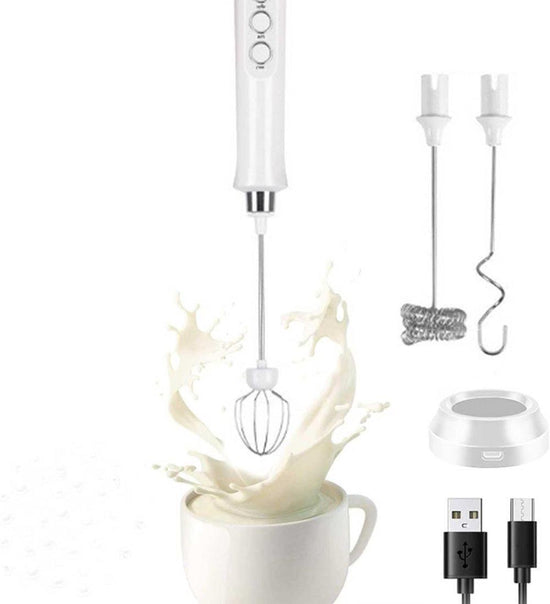 USB Rechargeable Electric Whisk with 3 Speeds, Egg Beater Milk Frother for Coffee and Cappuccino White - Flavour Fushion Cooking Shop