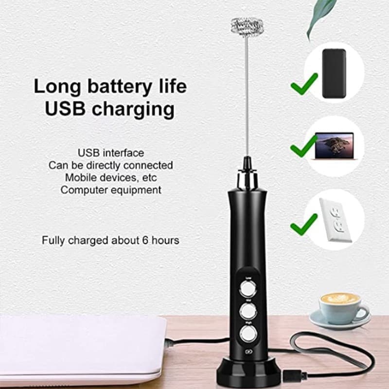 USB Rechargeable Electric Whisk with 3 Speeds, Egg Beater Milk Frother for Coffee and Cappuccino, Compatible with Most Brands, White