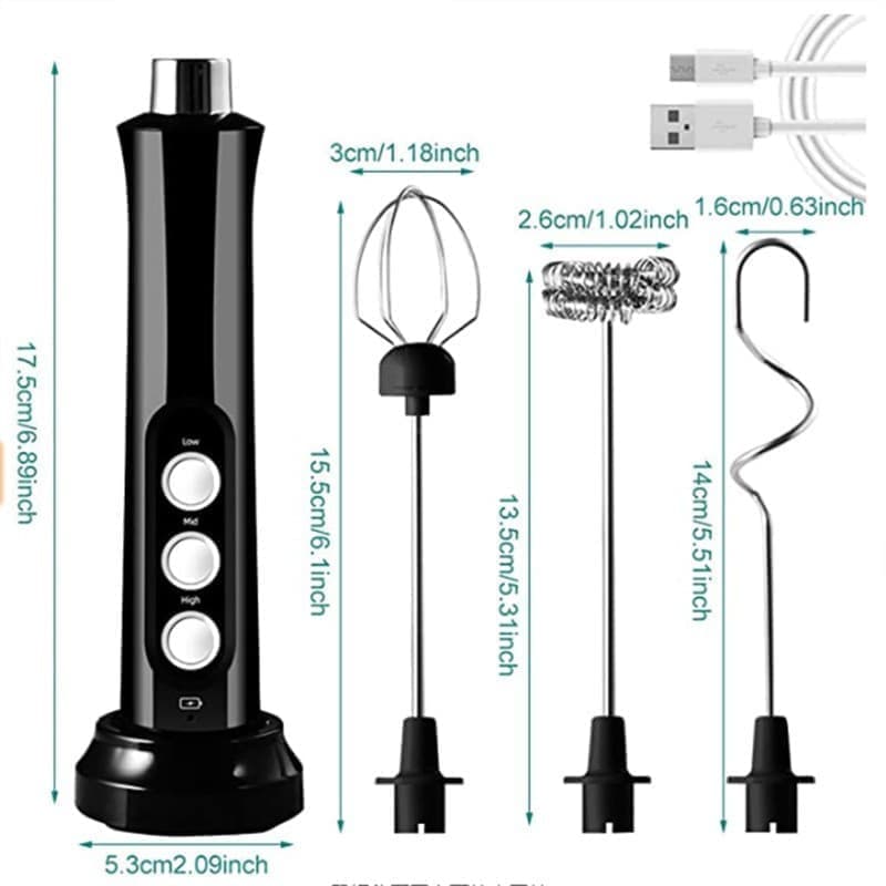 Electric Whisk USB Rechargeable with 3 Speeds, Egg Beater Milk Frother for Coffee and Cappuccino, Compatible with Most Brands, Black