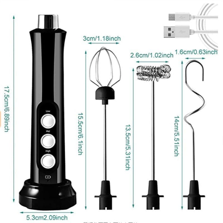 Electric Whisk USB Rechargeable with 3 Speeds, Egg Beater Milk Frother for Coffee and Cappuccino Black - Flavour Fushion Cooking Shop