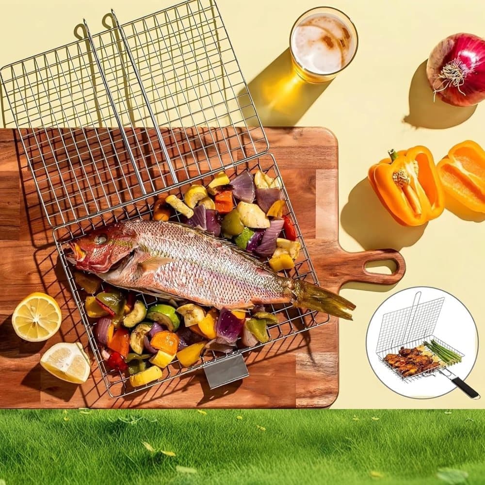 Foldable Grill Basket Stainless Steel for Fish Vegetables and Meat - Flavour Fushion Cooking Shop