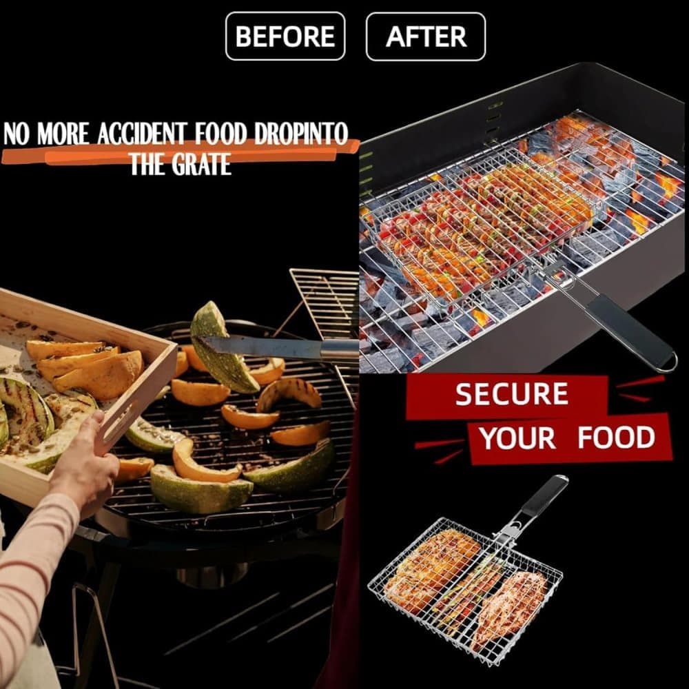 Foldable Grill Basket Stainless Steel for Fish Vegetables and Meat - Flavour Fushion Cooking Shop