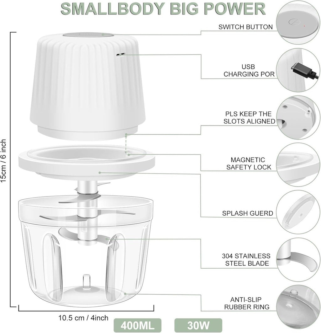 Kitchen Mixer - 400ML Large Capacity - 6 Blades Chopper - USB Rechargeable - Kitchen Must-Have for Home Use