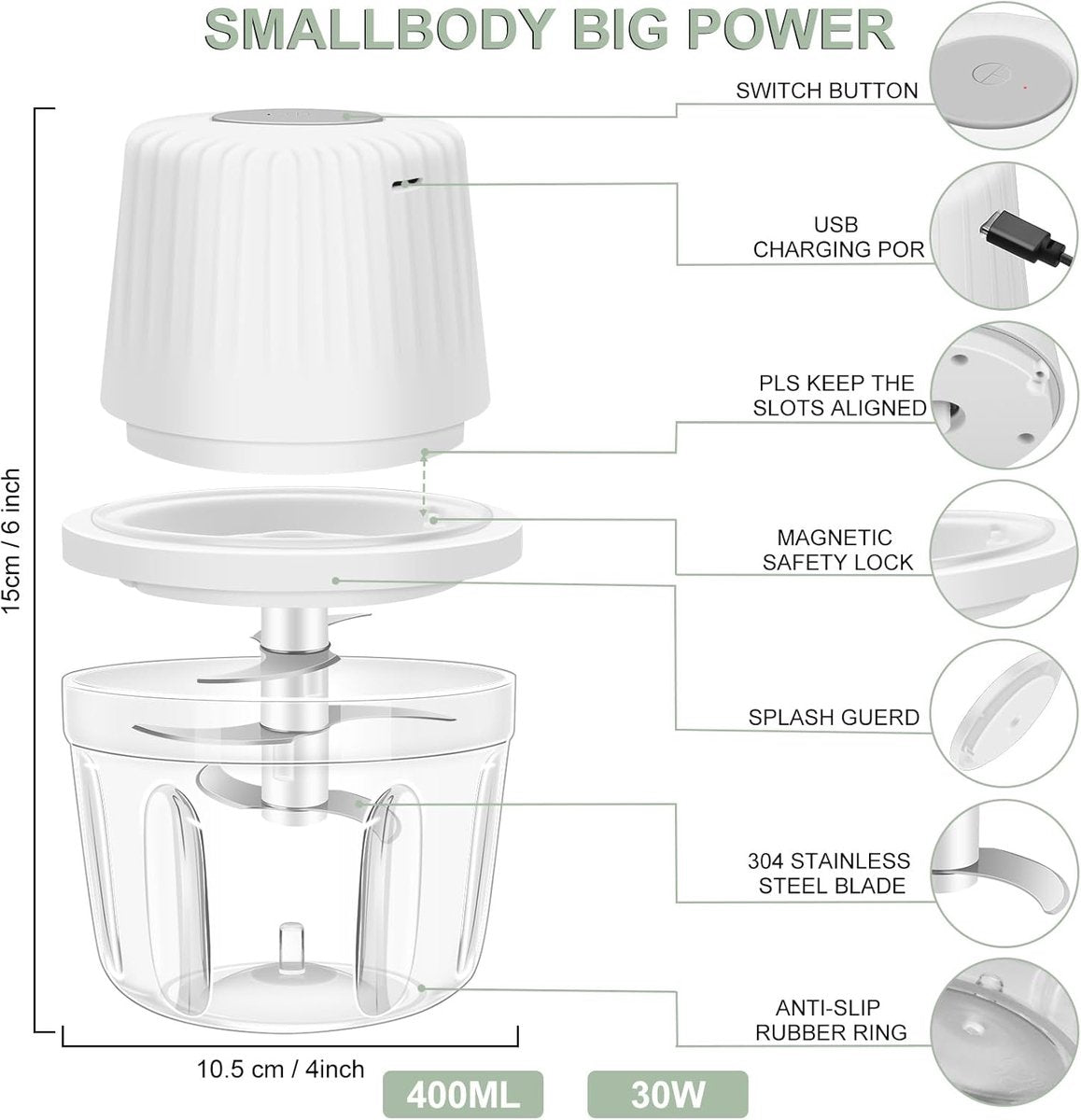 Kitchen Mixer - 400ML Large Capacity - 6 Blades Chopper - USB Rechargeable - Kitchen Must-Have for Home Use - Flavour Fushion Cooking Shop