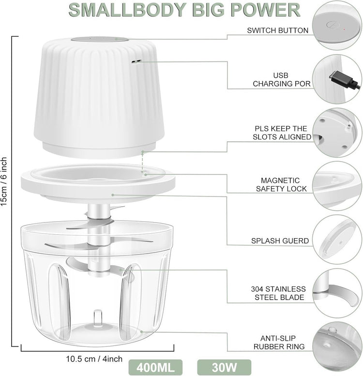Kitchen Mixer - 400ML Large Capacity - 6 Blades Chopper - USB Rechargeable - Kitchen Must-Have for Home Use - Flavour Fushion Cooking Shop