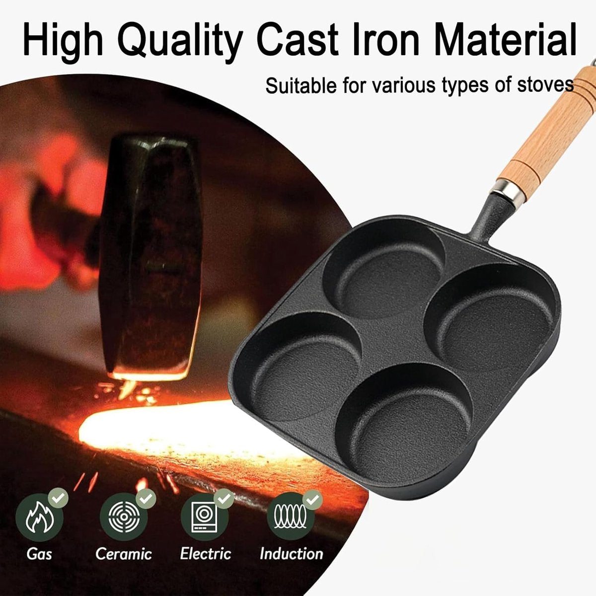 Four-pan 18 cm - Cast Iron - Natural Non-Stick Coating - For Eggs & Hamburgers - Flavour Fushion Cooking Shop
