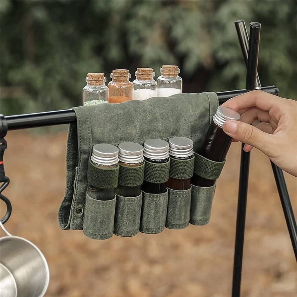 Camping Spice Kit - Portable Spice Bag with 9 Mini Spice Jars - Camping Set Travel Accessories - For Travel, Outdoors, Camping, Barbecue, Picnic - Portable Camping Spice Set
