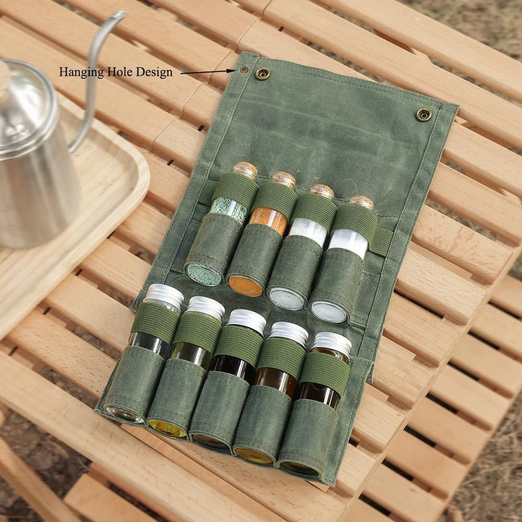 Camping Spice Kit - Portable Spice Bag with 9 Mini Spice Jars - Camping Set Travel Accessories - For Travel, Outdoors, Camping, Barbecue, Picnic - Portable Camping Spice Set