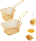 Frying Basket - 2 Pieces - Frying Colander - Frying Scoop - Vegetable Cooker - Draining Rack - Snack Serving Basket - For Fries And Snacks - Stainless Steel - With Handle - Serve Fries/Snacks In A Basket - Rectangle - Gold