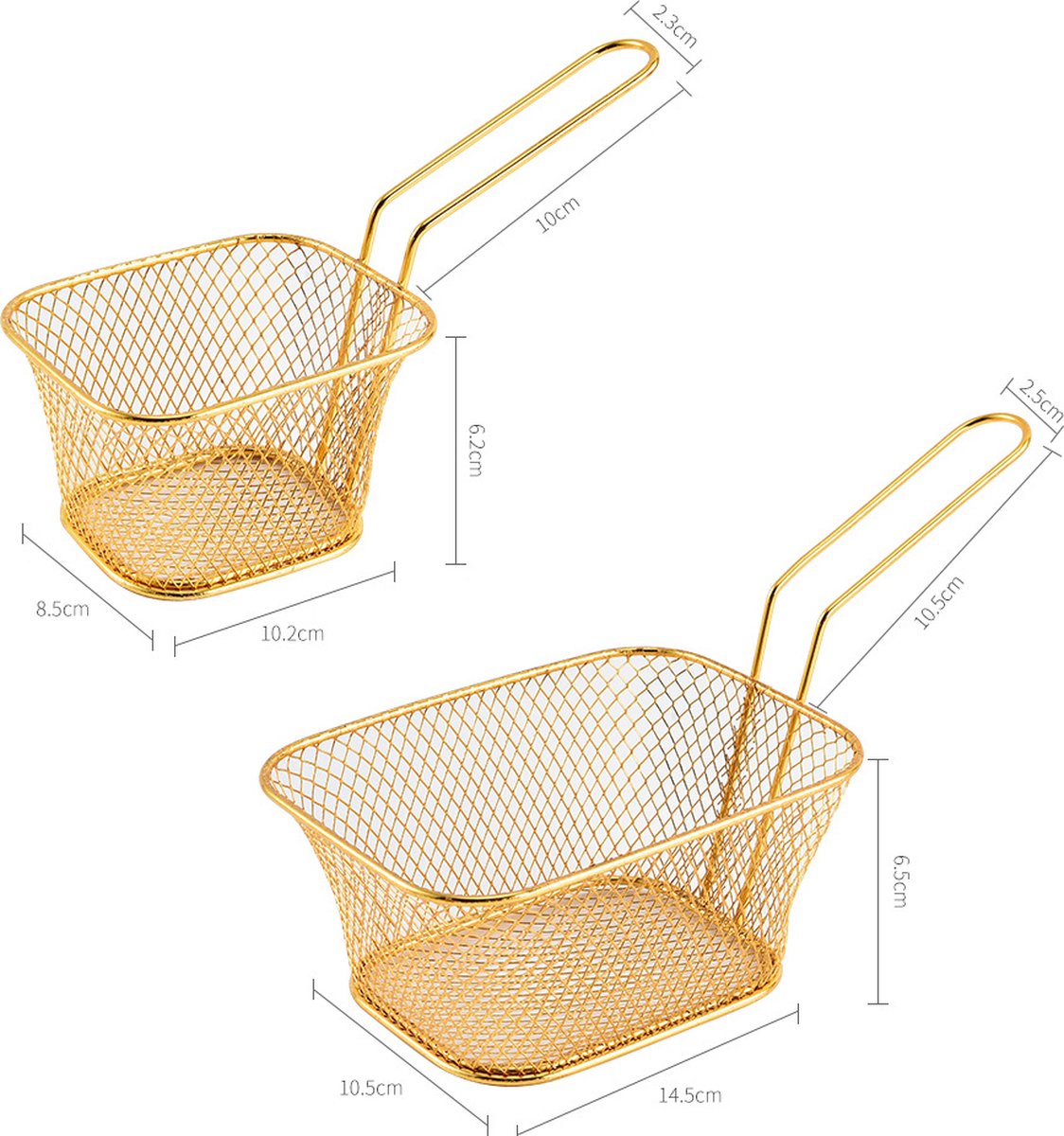 Frying Basket - 2 Pieces - Frying Colander - Frying Scoop - Vegetable Cooker - Draining Rack - Snack Serving Basket - For Fries And Snacks - Stainless Steel - With Handle - Serve Fries/Snacks In A Basket - Rectangle - Gold