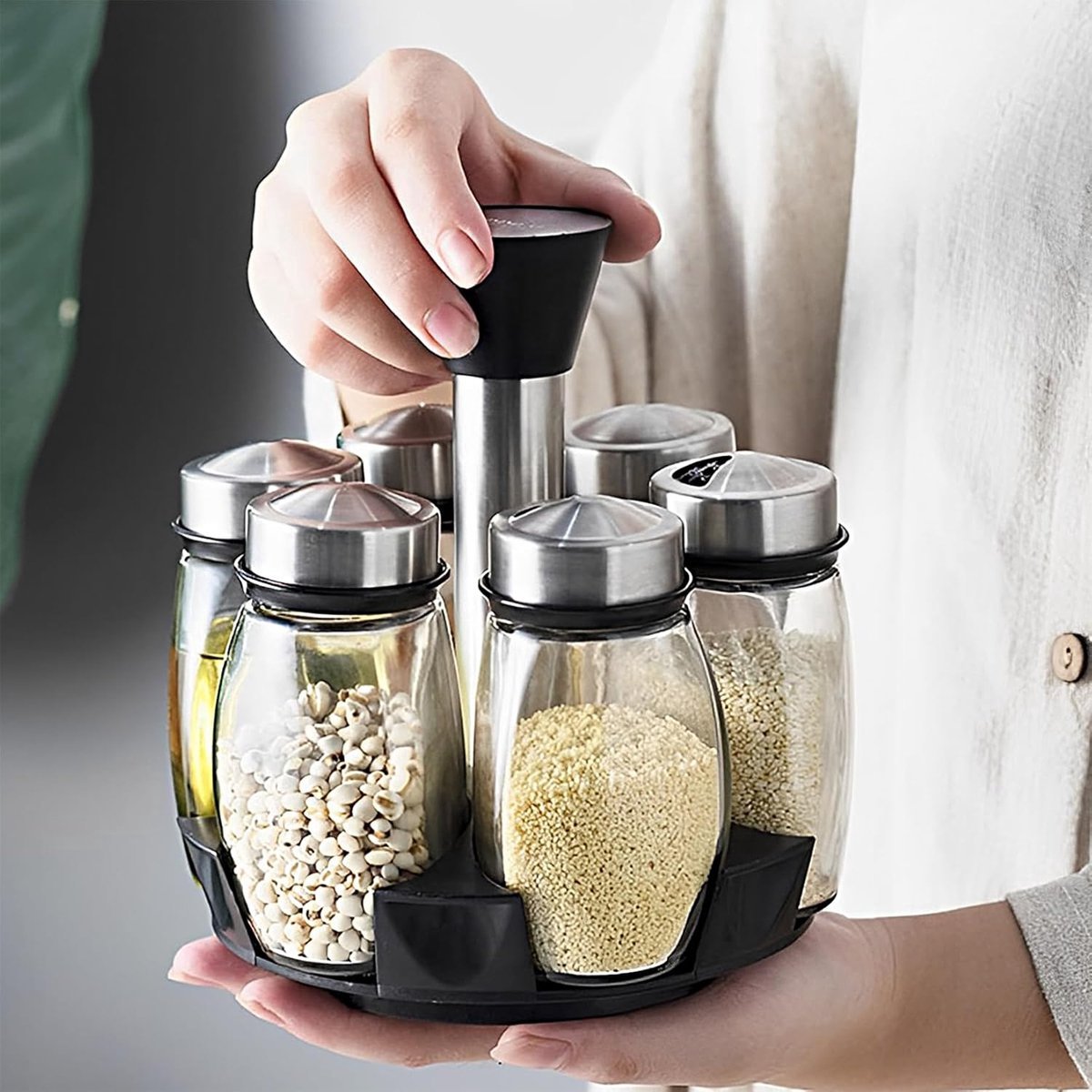 Spice Organizer | 360° Rotatable | With 6 Spice Jars | Glass Jars | 6 Spice Jars on Rack | - Flavour Fushion Cooking Shop