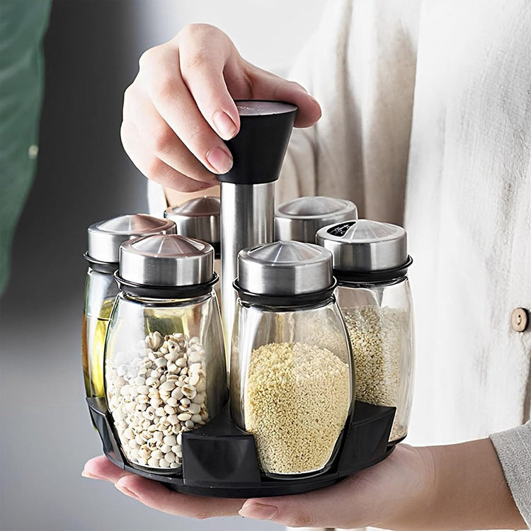 Spice Organizer | 360° Rotatable | With 6 Spice Jars | Glass Jars | 6 Spice Jars on Rack | - Flavour Fushion Cooking Shop
