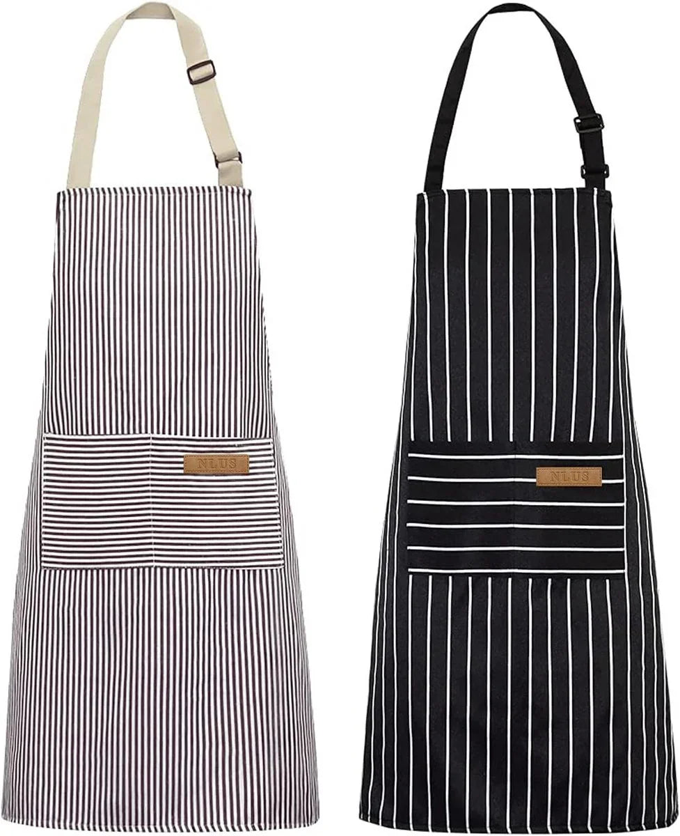 Kitchen Apron - 2 Pieces - Professional Cooking Apron - for Ladies and Gentlemen - Catering Apron - Easily Adjustable - BBQ Apron - Pottery Apron - Cooking Kitchen Aprons - kitchen cooking aprons - soft chef apron with 2 pockets - black/brown stripes