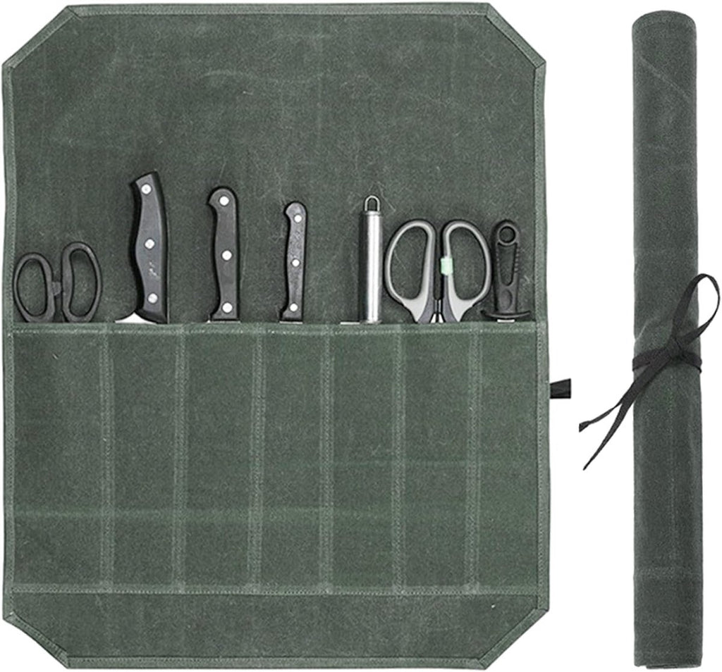 Chef Tools Protector - with 7 slots - Chef's knife roll bag - Knife bag - Waxed canvas knife bag - Cookware - knife case - knife holder - storage bag - cutlery tool roll bag - for camping - (Knives Not Included) - 45*56 cm - green