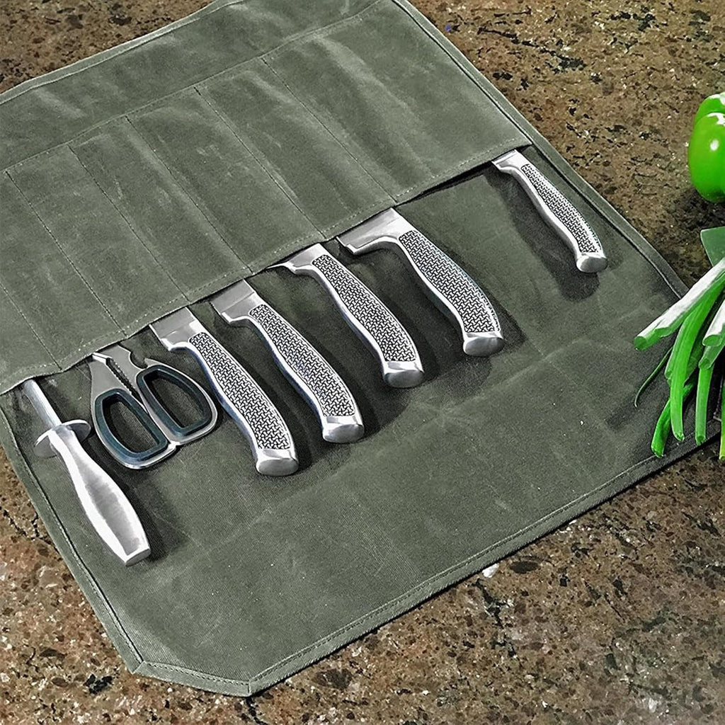 Chef Tools Protector - with 7 slots - Chef's knife roll bag - Knife bag - Waxed canvas knife bag - Cookware - knife case - knife holder - storage bag - cutlery tool roll bag - for camping - (Knives Not Included) - 45*56 cm - green