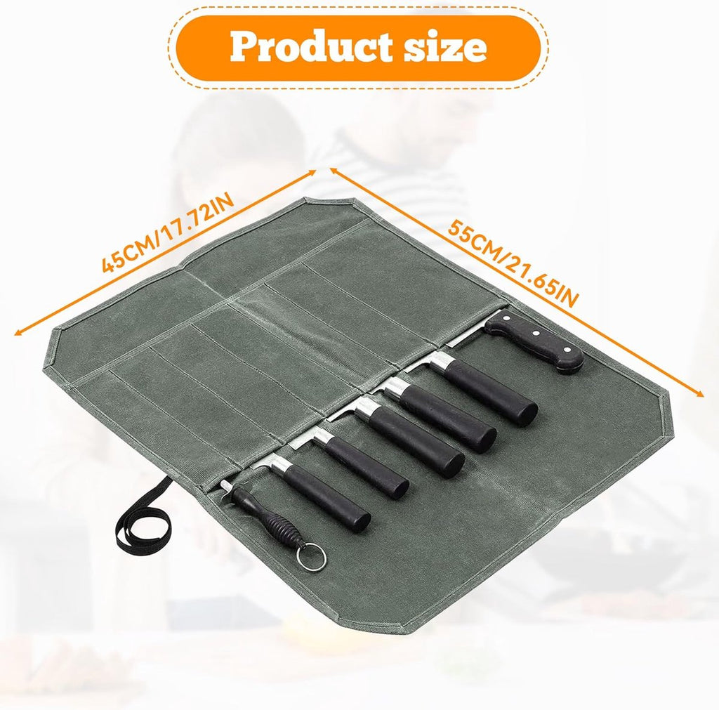Chef Tools Protector - with 7 slots - Chef's knife roll bag - Knife bag - Waxed canvas knife bag - Cookware - knife case - knife holder - storage bag - cutlery tool roll bag - for camping - (Knives Not Included) - 45*56 cm - green