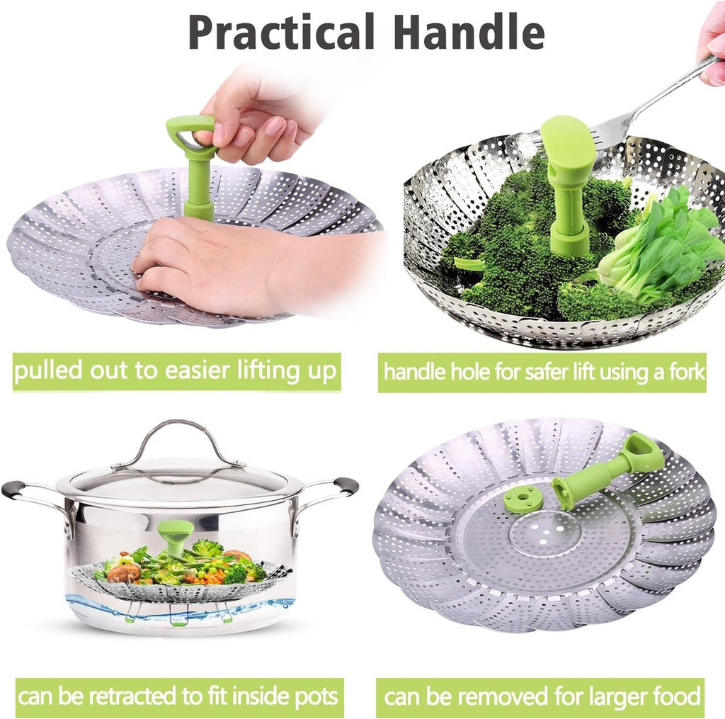 Vegetable steamer - Steamer basket - Stainless steel steamer - Fits all pans - Retractable - Adjustable - Foldable steam liner - With telescopic handle - silver