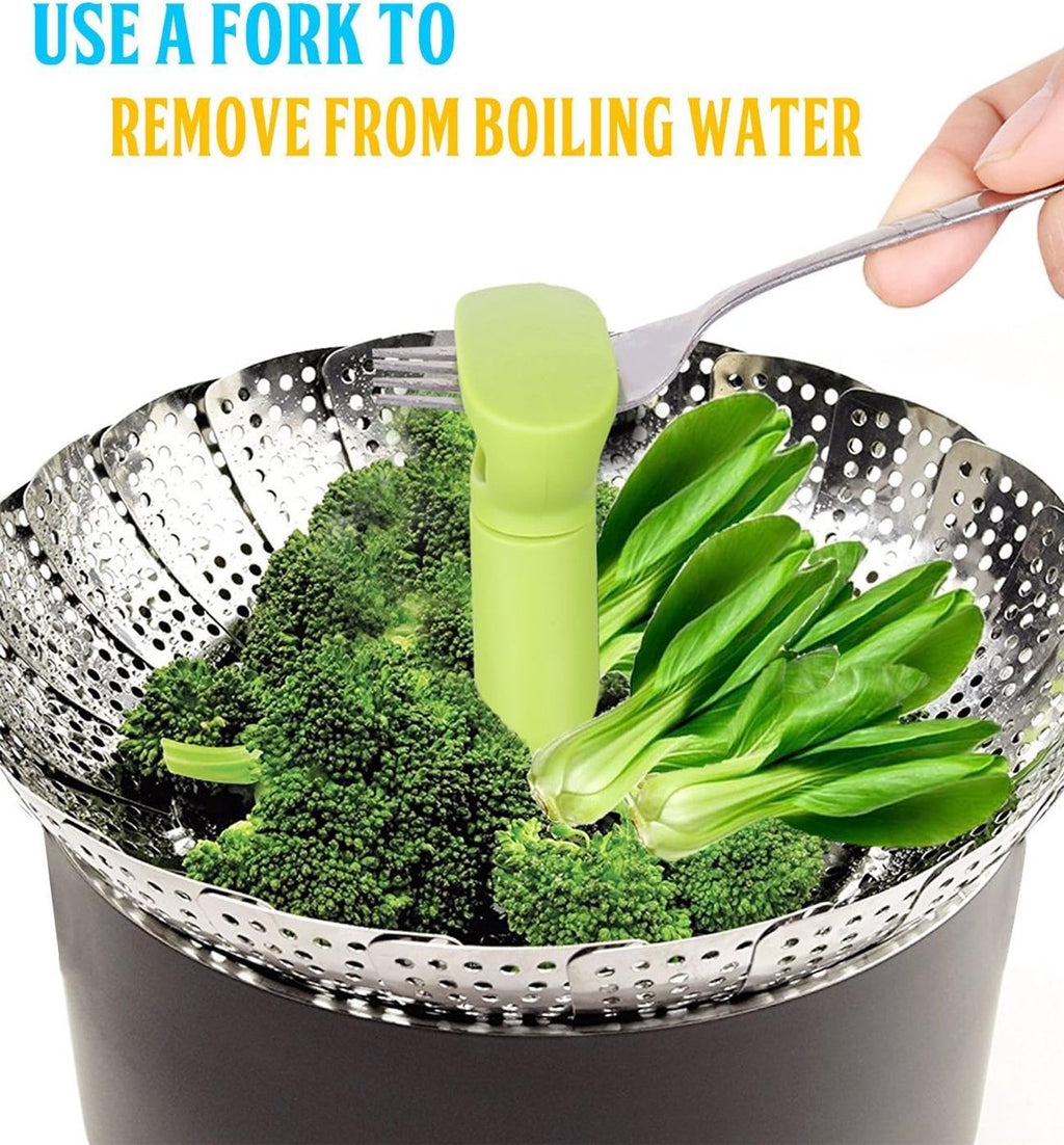 Vegetable steamer - Steamer basket - Stainless steel steamer - Fits all pans - Retractable - Adjustable - Foldable steam liner - With telescopic handle - silver