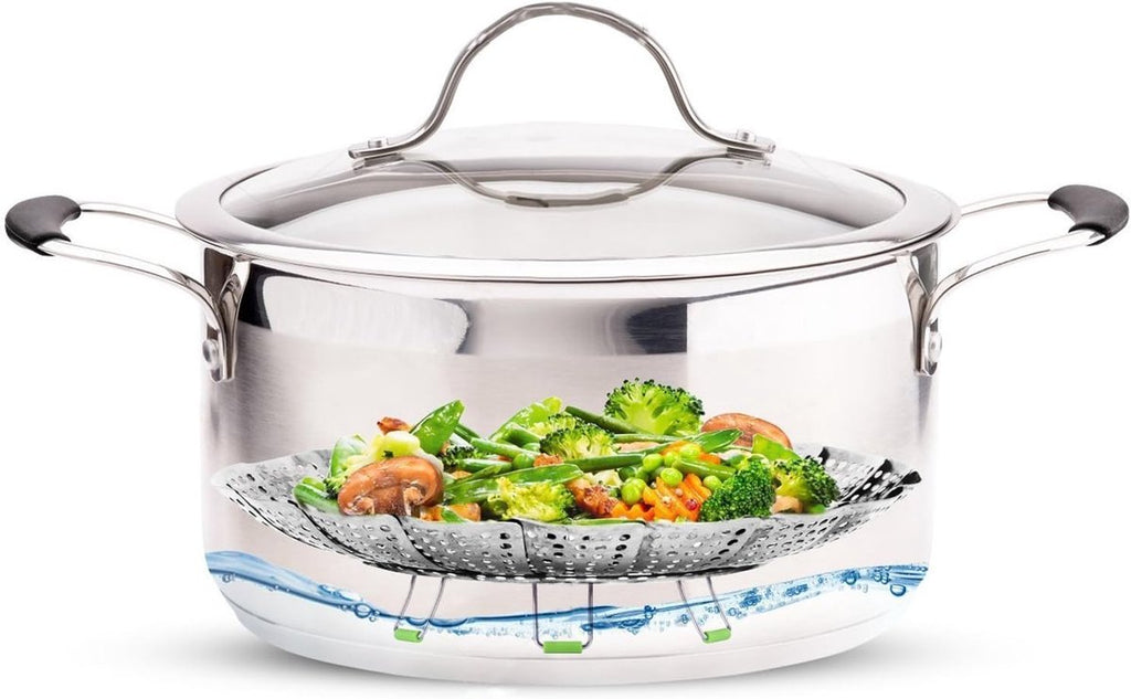 Vegetable steamer - Steamer basket - Stainless steel steamer - Fits all pans - Retractable - Adjustable - Foldable steam liner - With telescopic handle - silver