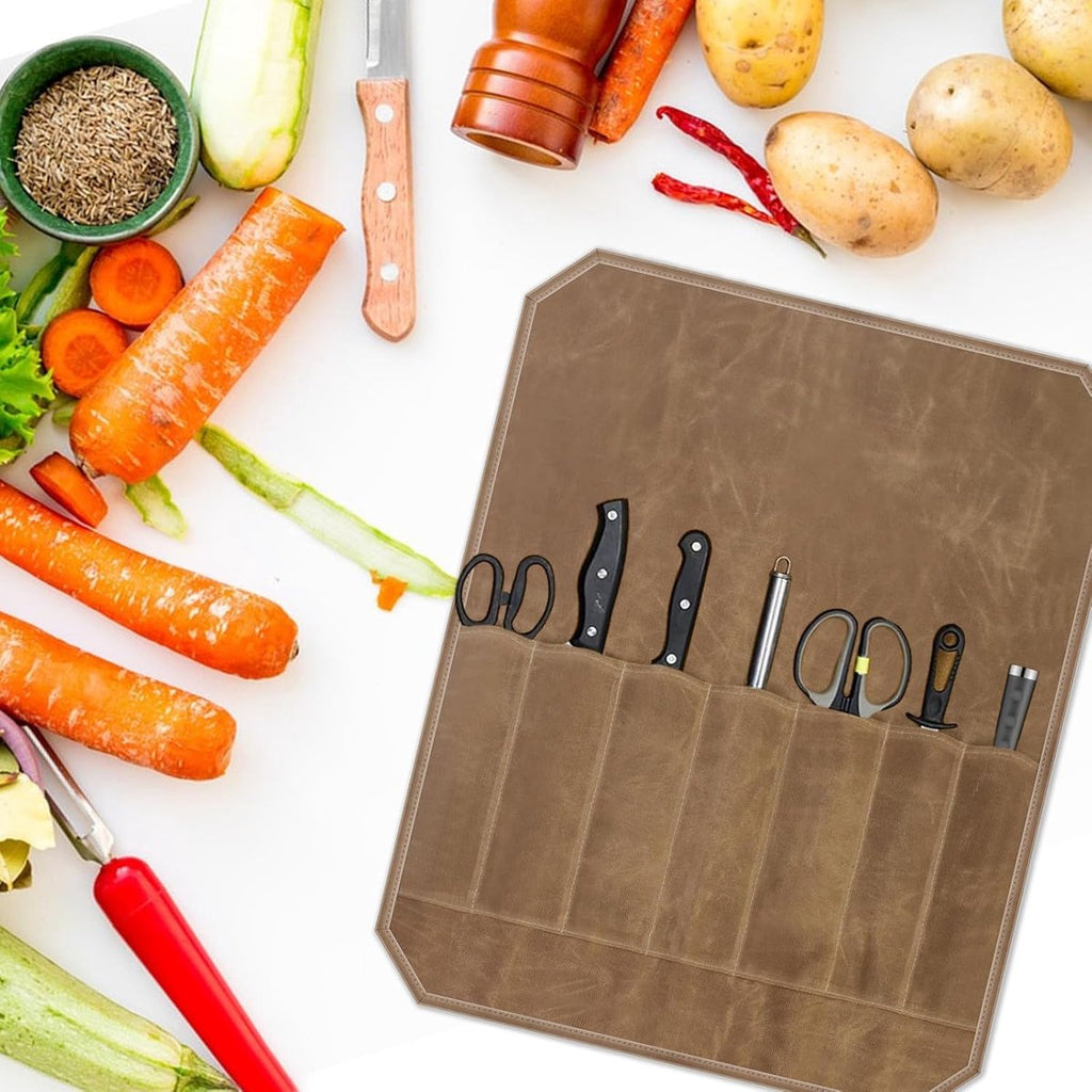 Chef Tools Protector - with 7 slots - Chef's knife roll bag - Knife bag - Waxed canvas knife bag - Cookware - knife case - knife holder - storage bag - cutlery tool roll bag - for camping - (Knives Not Included) - 45*56 cm - Khaki