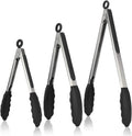 3-piece kitchen tongs set - 7/9/12 inch - Grill tongs - Grill accessories - With hanging loop - Cooking tongs - Heat resistant - Silicone non-stick coating - Stainless steel handles - Ideal for grilling food, salads, frying, and serving - Black