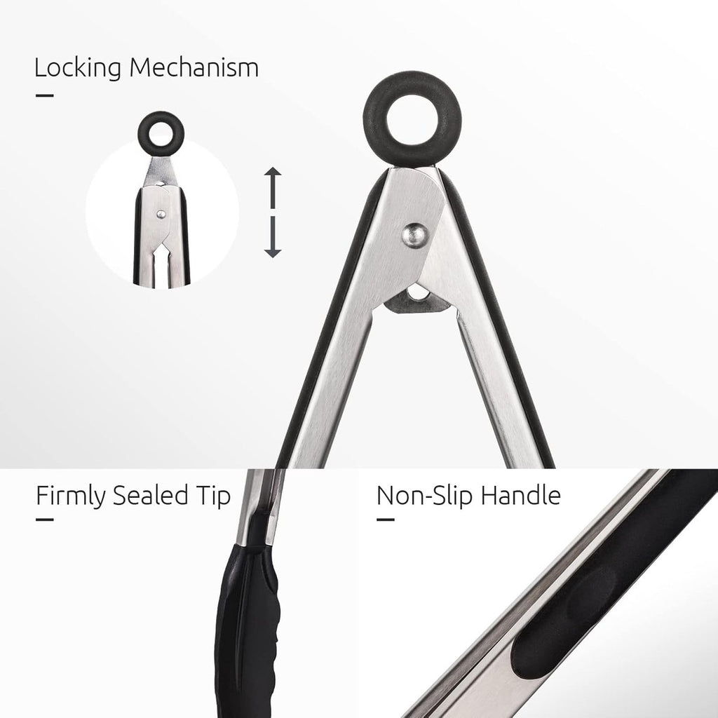 3-piece kitchen tongs set - 7/9/12 inch - Grill tongs - Grill accessories - With hanging loop - Cooking tongs - Heat resistant - Silicone non-stick coating - Stainless steel handles - Ideal for grilling food, salads, frying, and serving - Black