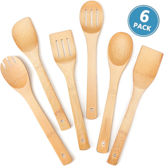 cookware set - 6-piece bamboo spatula and spoon set - Suitable for cooking - Wooden cookware