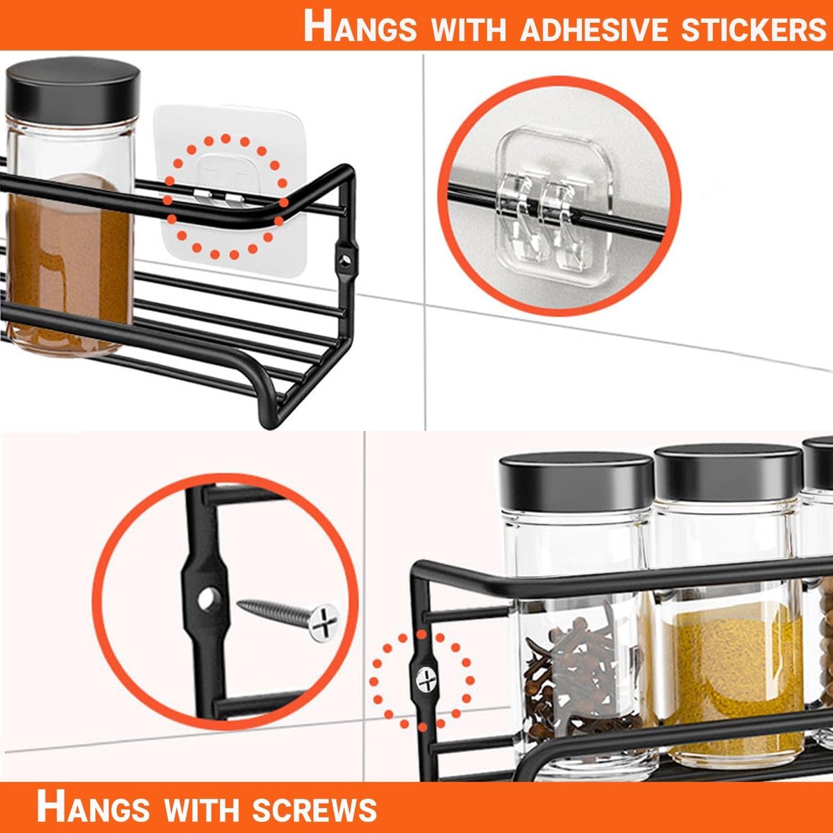 Four-Tier Metal Wall-Mounted Spice Rack - Suitable for Kitchens and Cabinet Interiors - Neatly Organizes Spice Jars and Spices (Black) - Flavour Fushion Cooking Shop