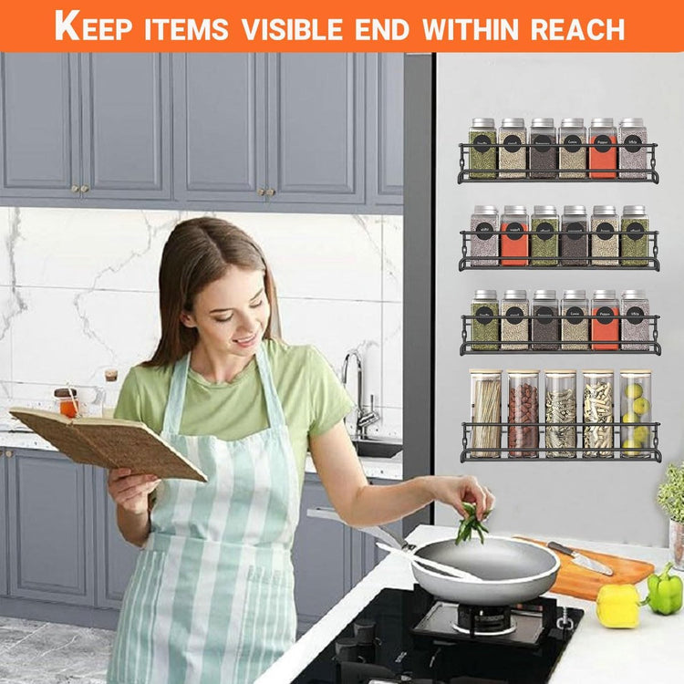 Four-Tier Metal Wall-Mounted Spice Rack - Suitable for Kitchens and Cabinet Interiors - Neatly Organizes Spice Jars and Spices (Black) - Flavour Fushion Cooking Shop