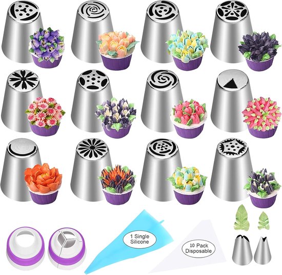 27 piece cake decorating tip set including various flower tips and piping bags for baking supplies.