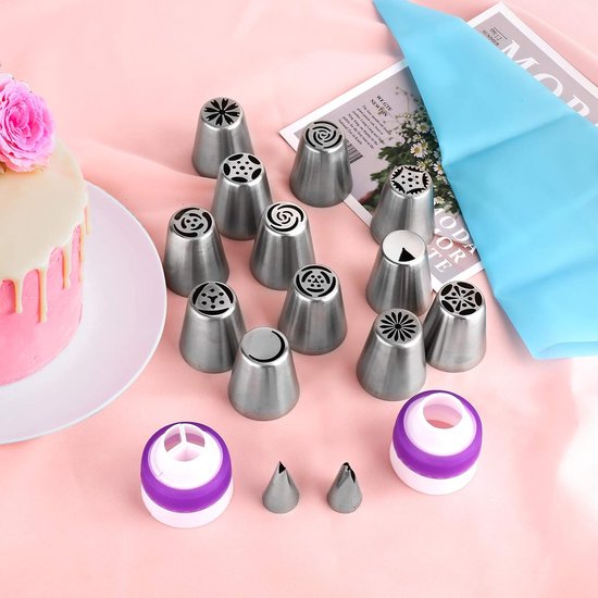 27 piece cake decorating tip set including various flower tips and piping bags for baking supplies.