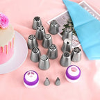 27 piece cake decorating tip set including various flower tips and piping bags for baking supplies.