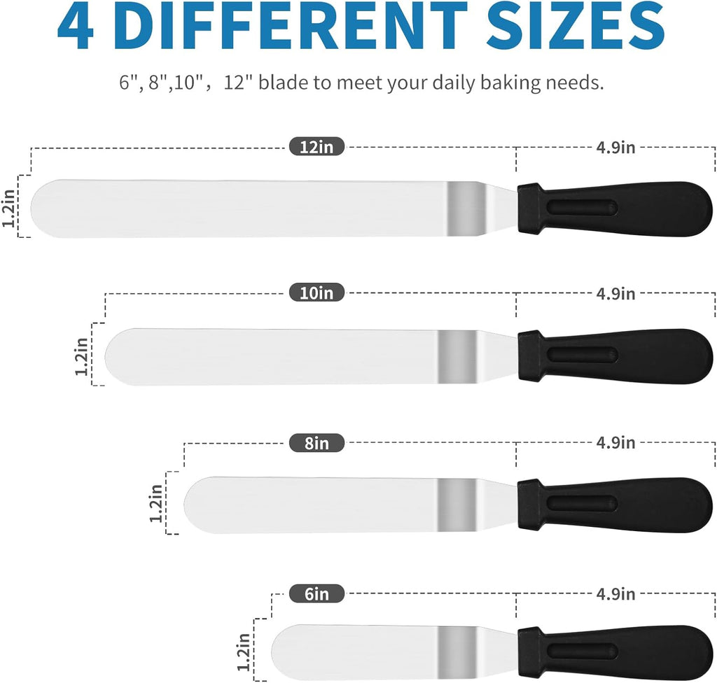 Stainless Steel Offset Icing Spatula Set - 4 Essential Sizes showcasing four spatulas in a range of lengths for cake decorating. 