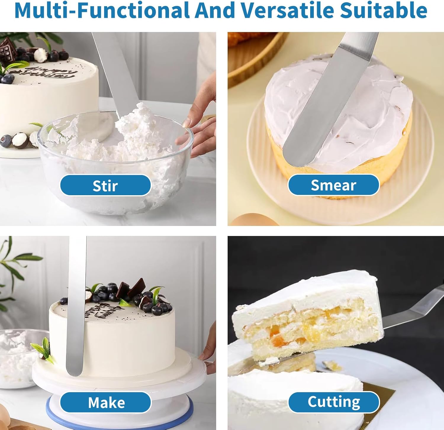 Stainless Steel Offset Icing Spatula Set - 4 Essential Sizes showcasing four spatulas in a range of lengths for cake decorating.