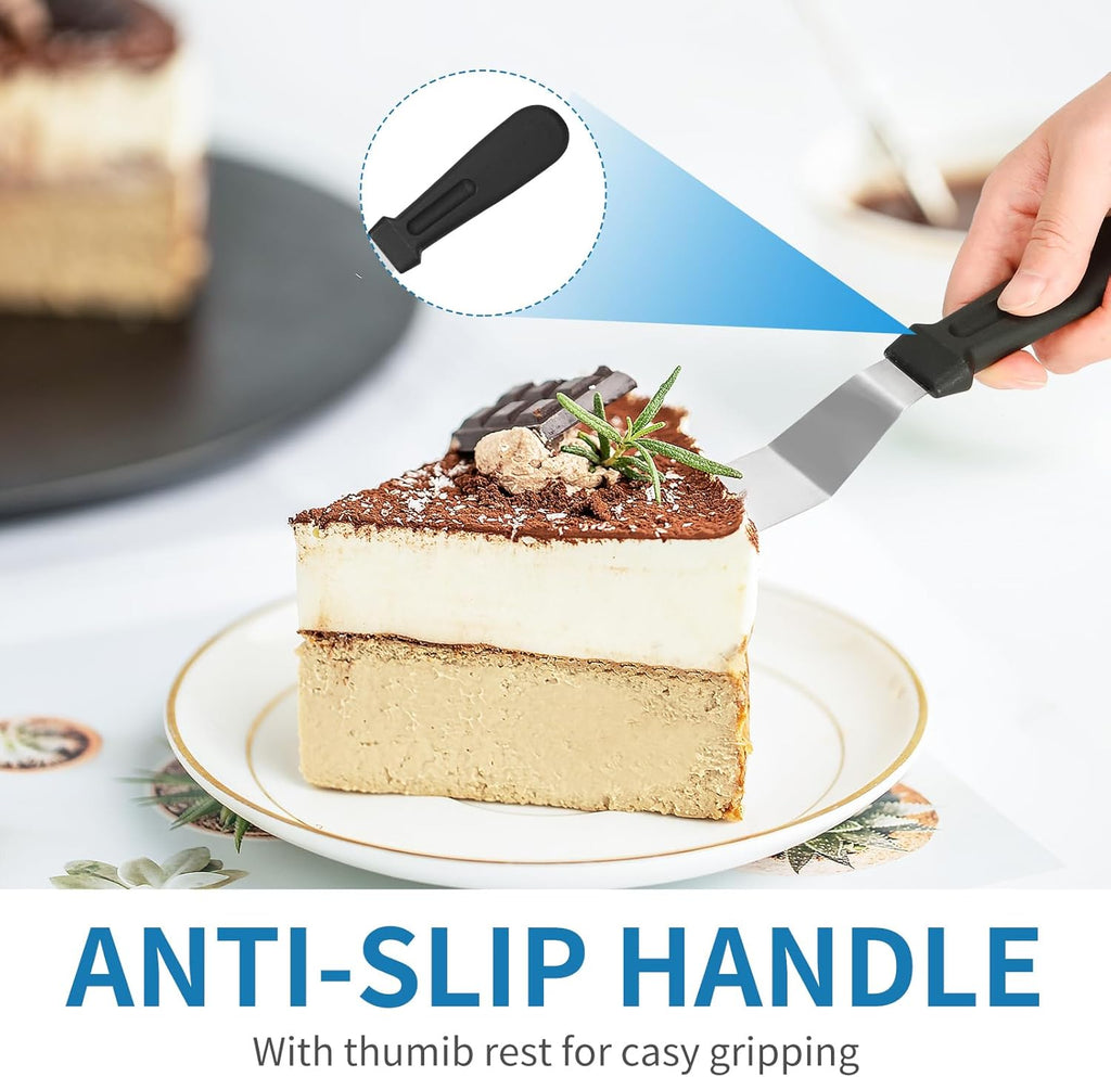 Stainless Steel Offset Icing Spatula Set - 4 Essential Sizes showcasing four spatulas in a range of lengths for cake decorating.