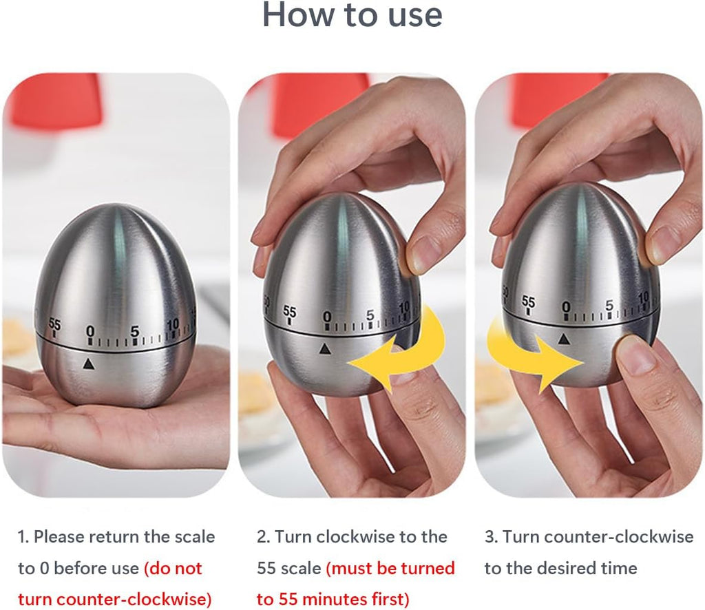 Egg Timer - Kitchen Timer - Analogue Kitchen Timer - Mechanical Kitchen Timer - Timer - Egg - Stainless Steel