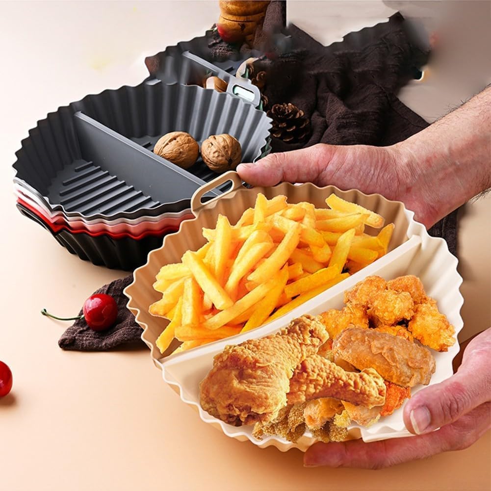 Airfryer baking tray – Airfryer accessories – Round Silicone Baking Tray with Division – Non-Stick Heat-resistant Baking Pan for Oven & Airfryer – Suitable for Cakes, Cookies & Muffins – 20×20×4.5 cm – Off White – 2 pieces